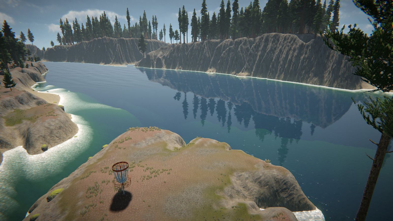 Aerial view of a basket on a rocky point above a lake